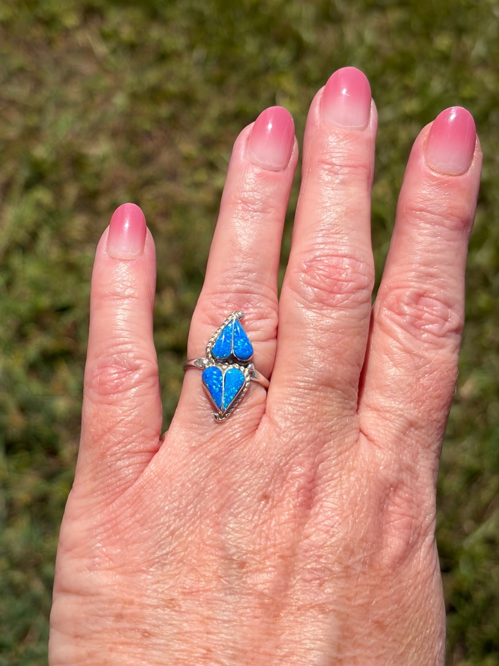 Zuni Joann Cooeyate 925 Sterling Silver Blue Opal Double Heart Ring